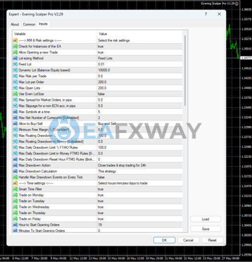 Evening Scalper Pro EA Source Code MQ4 Inputs 1