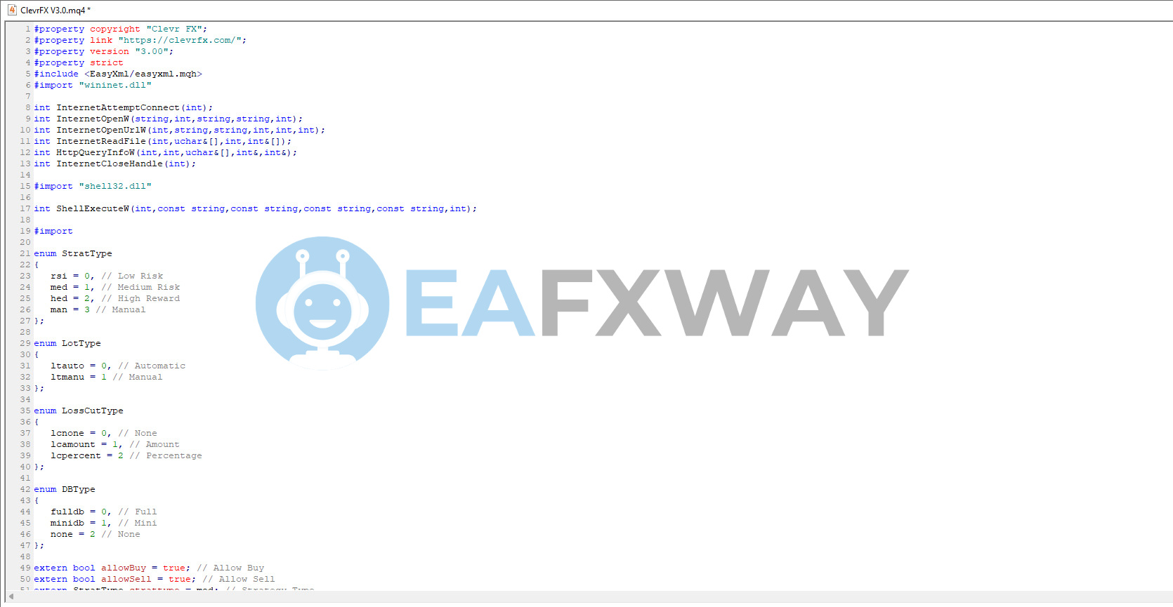 CLEVRFX EA MQ4 source code header CleverFX v3.0 enumerations strategy type lot type loss cut definitions