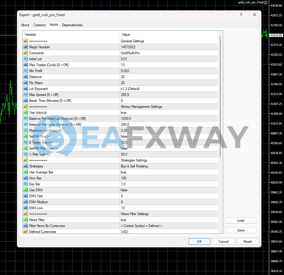 Gold Rush Pro EA MT4 input parameters showing magic number lot exponent 1.2 max trades 13 autolot settings