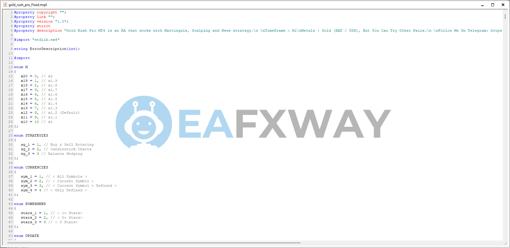 Gold Rush Pro EA MT4 source code parameter configuration showing strategy enum and timeframe options