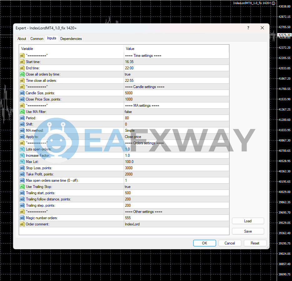 Index Lord EA MT4 input parameters session times candle size trailing stop lot size settings