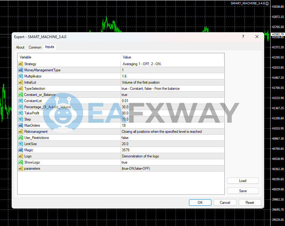 EA Smart Machine input parameters settings MaxOrders 18 TakeProfit 30 Step 70 Multiplier 1.5