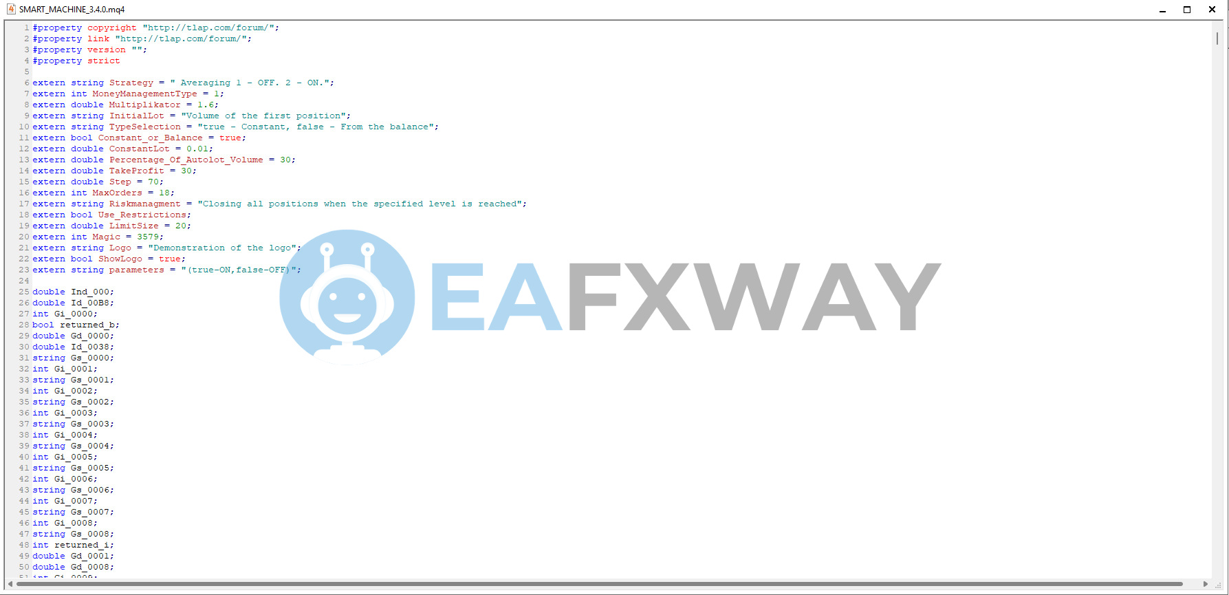 EA Smart Machine source code MQ4 configuration parameters internal variable declarations