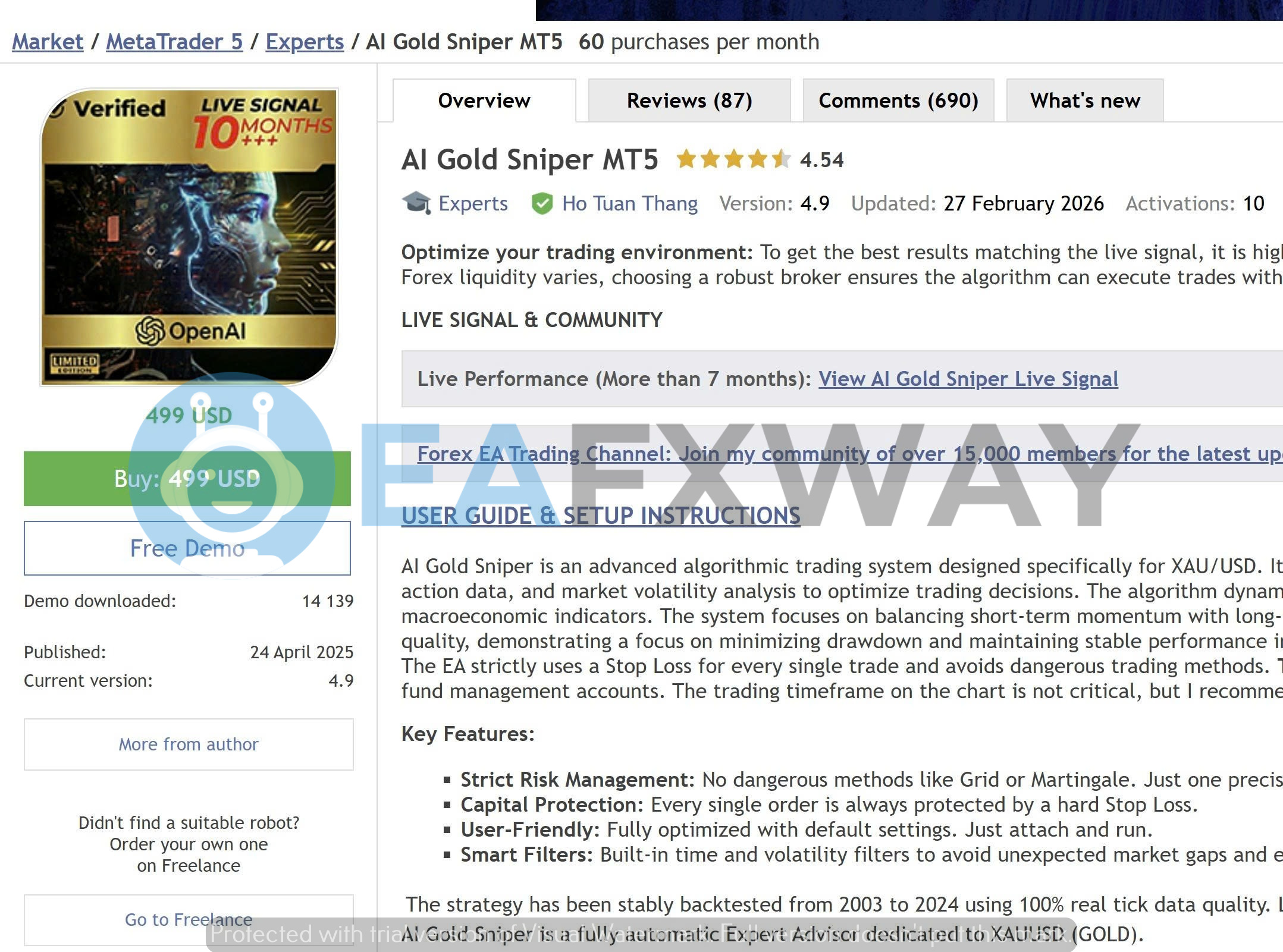 AI Gold Sniper EA MQL5 overview version 4.9 4.54 star rating 87 reviews 10 months live signal