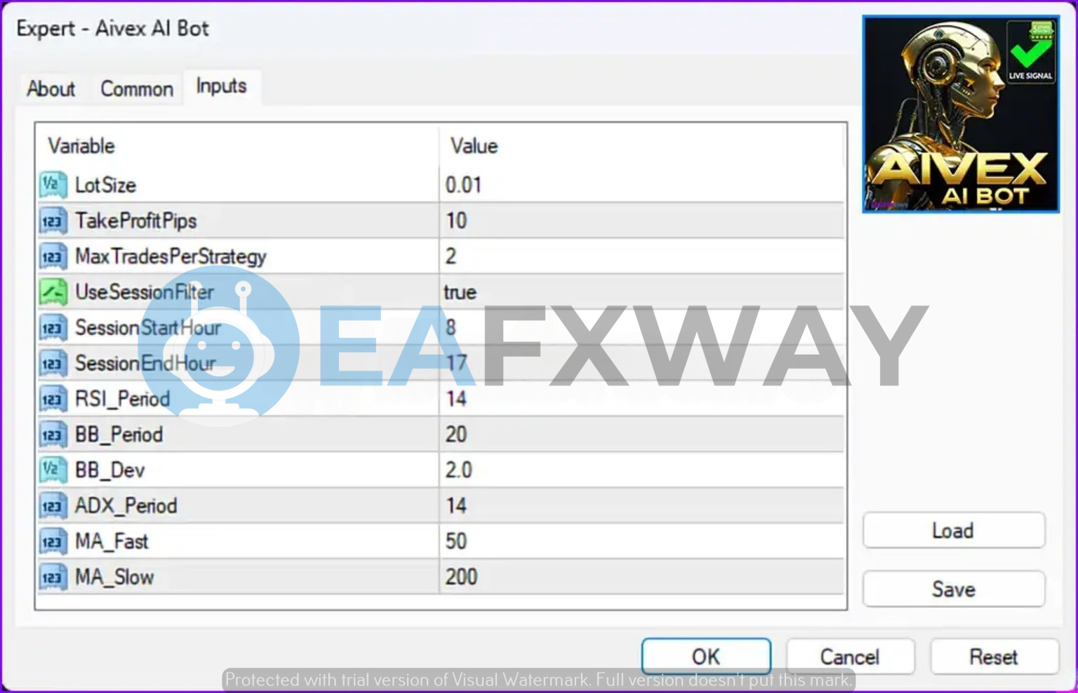 Aivex AI Bot MT4 expert advisor input parameters — LotSize 0.01, TakeProfitPips 10, session filter 8-17, RSI BB ADX MA settings