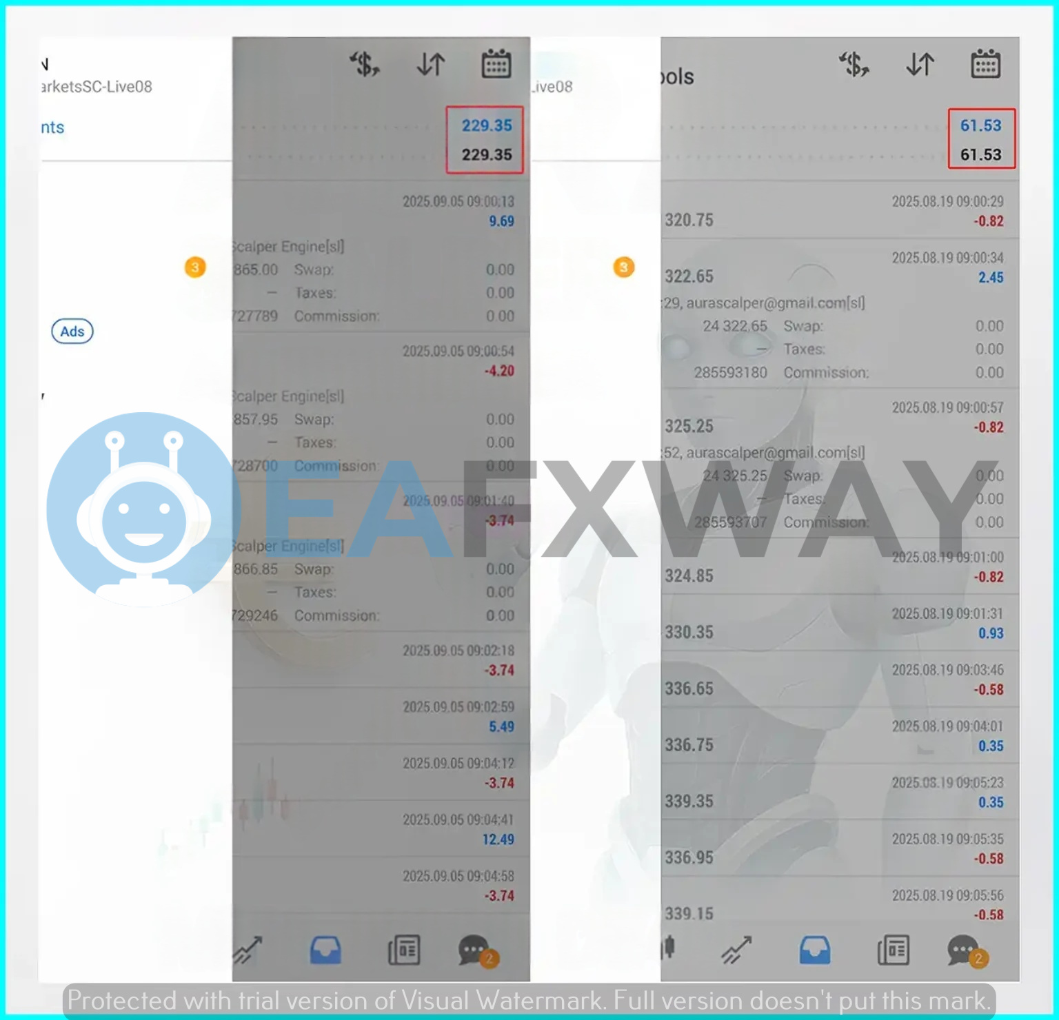 Aura Scalper Engine EA live account MarkettsSC-Live08 intraday trade feed Sep 2025 multiple P&L entries high-frequency scalping