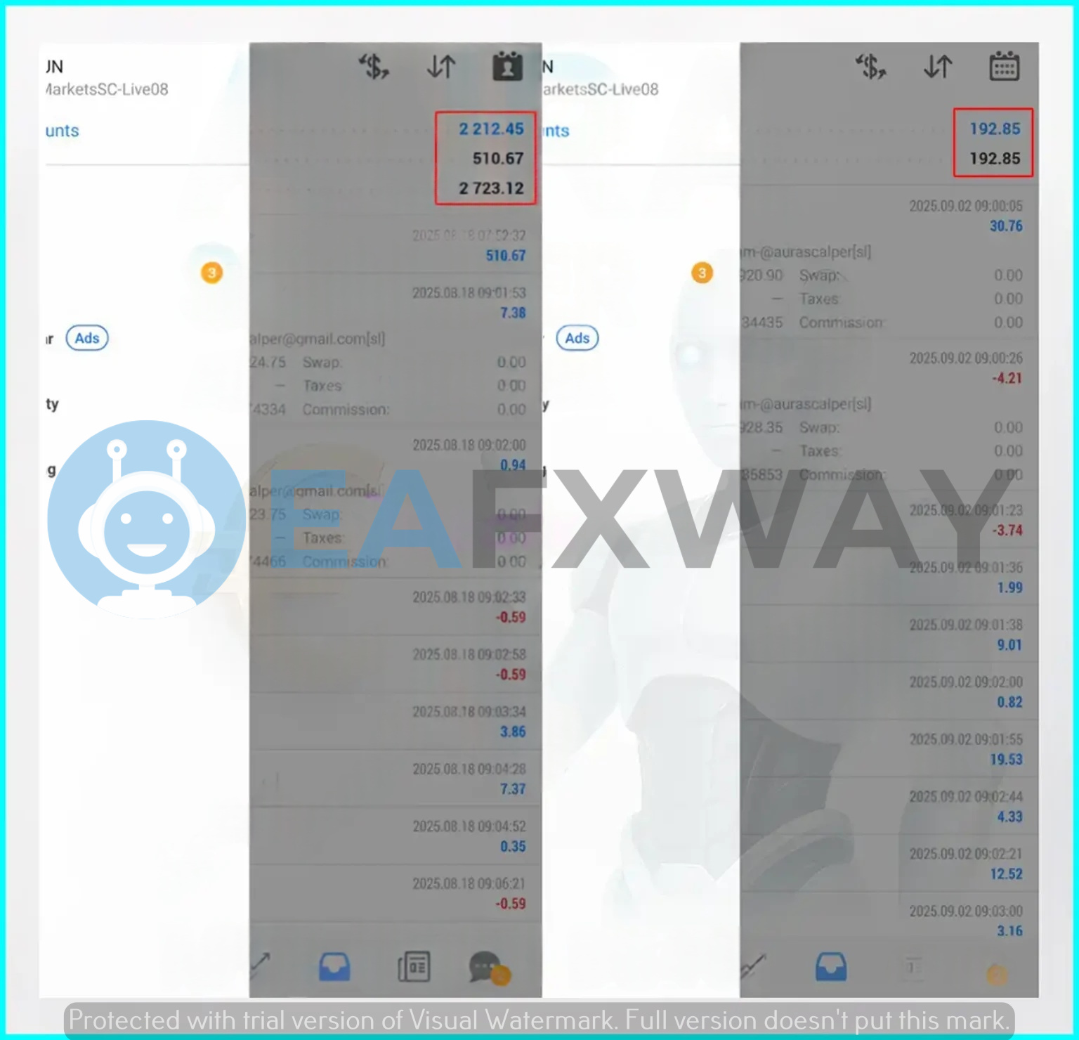 Aura Scalper Engine EA live trading statement balance $2212.45 equity $510.67 Aug-Sep 2025 multiple open positions