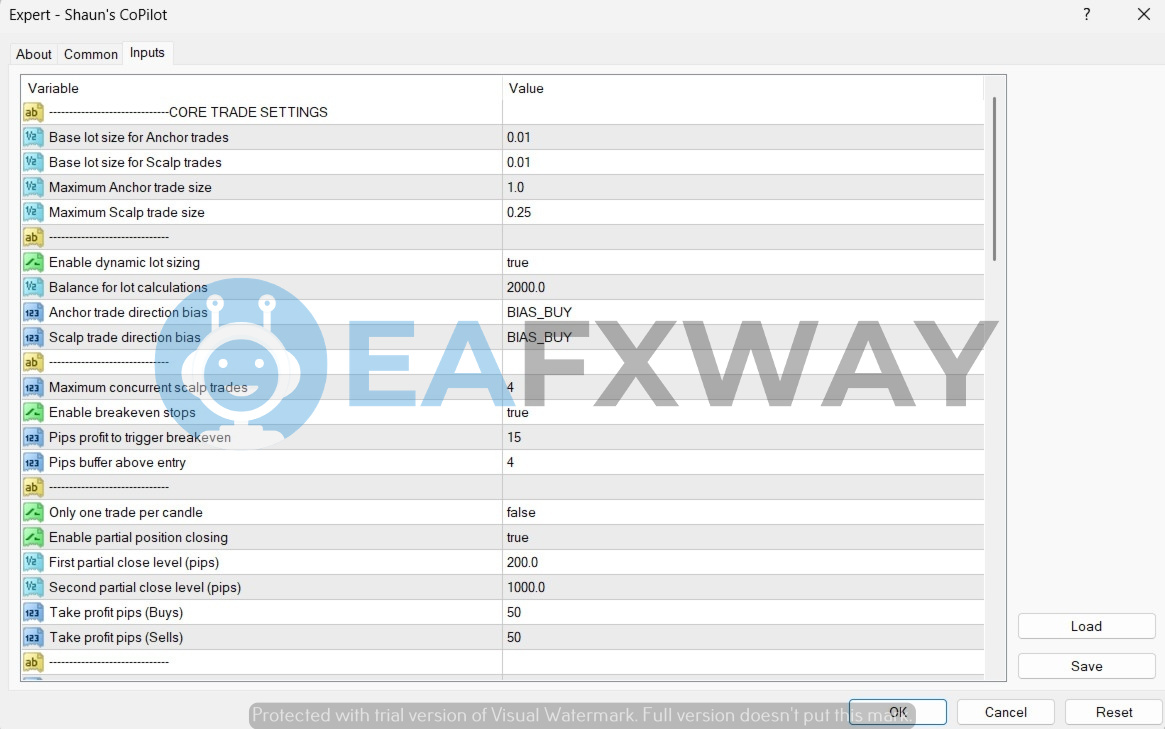 Bank Trader VIP EA MT5 input parameters settings lot size breakeven partial close configuration