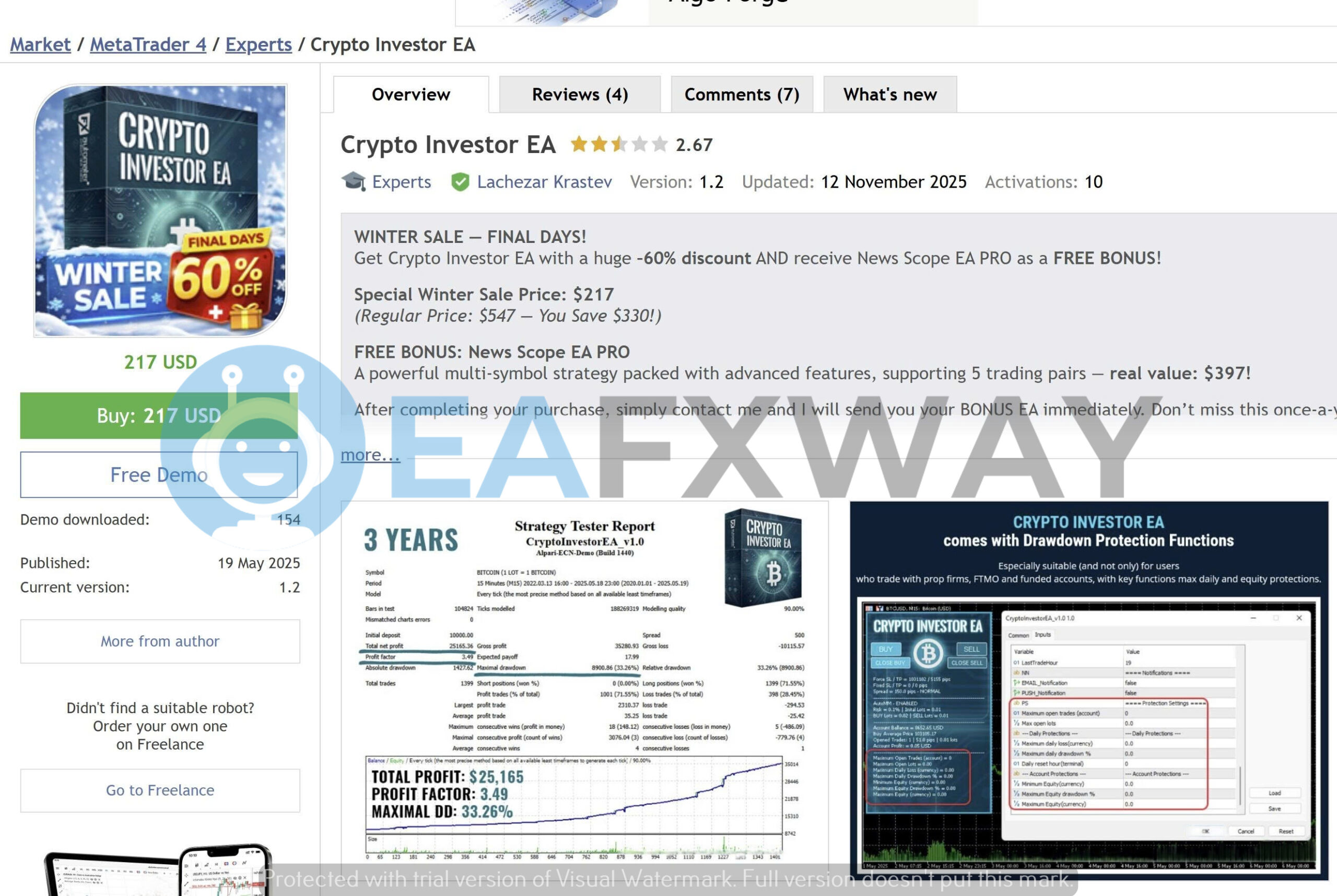 Crypto Investor EA backtest overview 5-year BTCUSD M15 profit factor 3.49 win rate 71.55%