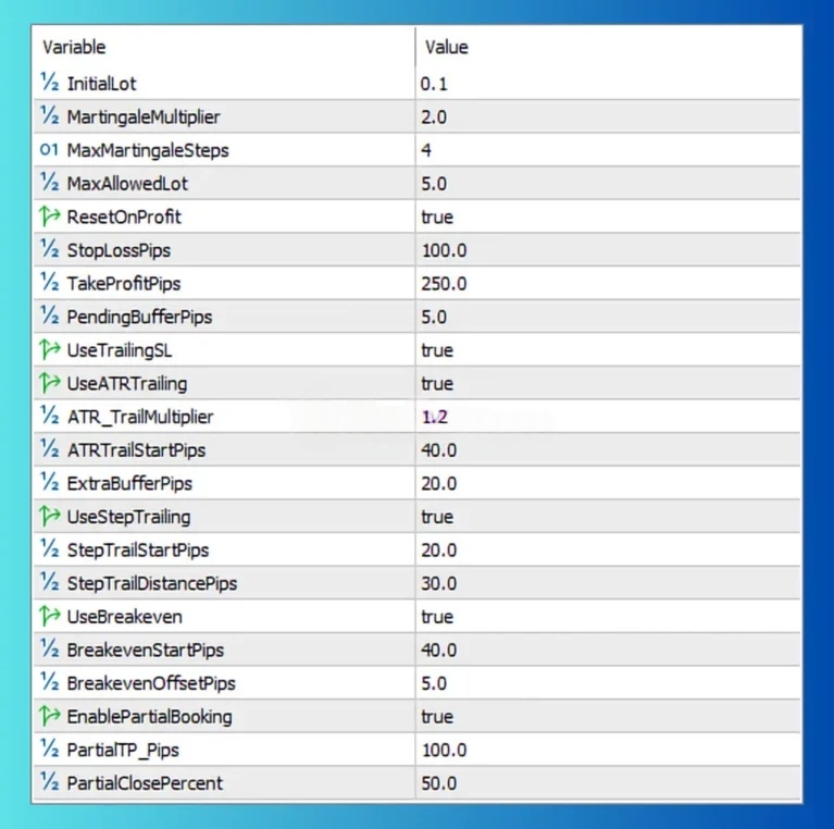 Euro AI EA MT5 input parameters configuration martingale multiplier 2.0 initial lot 0.1 XAUUSD settings