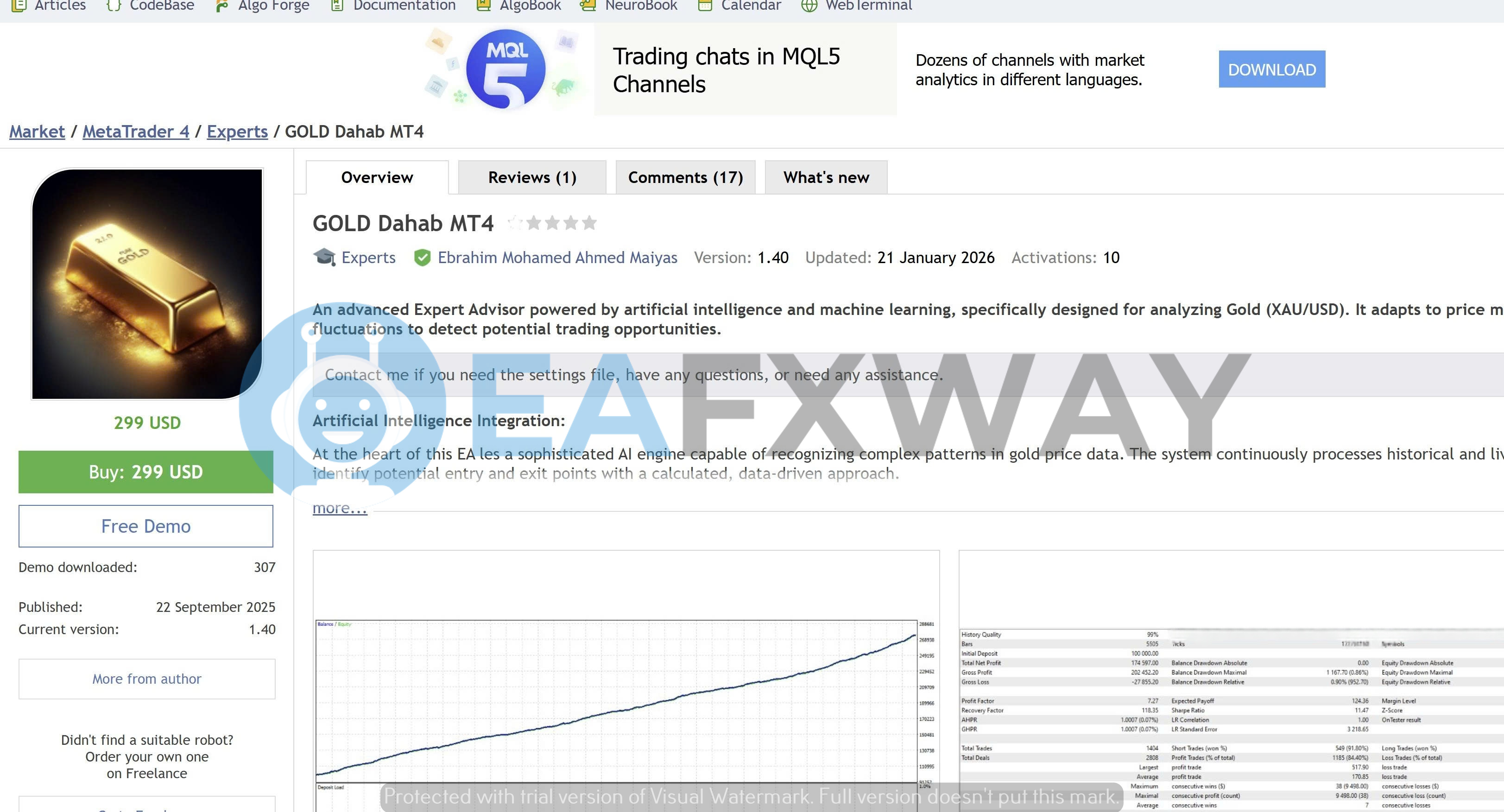 GOLD Dahab MT4 EA product overview version 1.40 XAU/USD AI expert advisor MT4