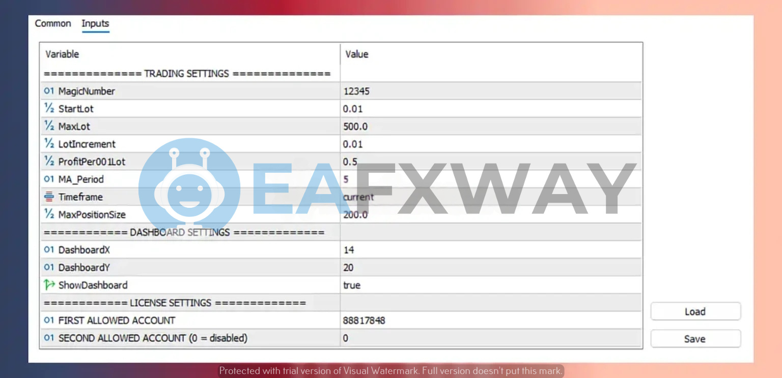 Goldex AI EA MT5 input parameters settings MagicNumber 12345 StartLot 0.01 MaxLot 500 MA Period 5