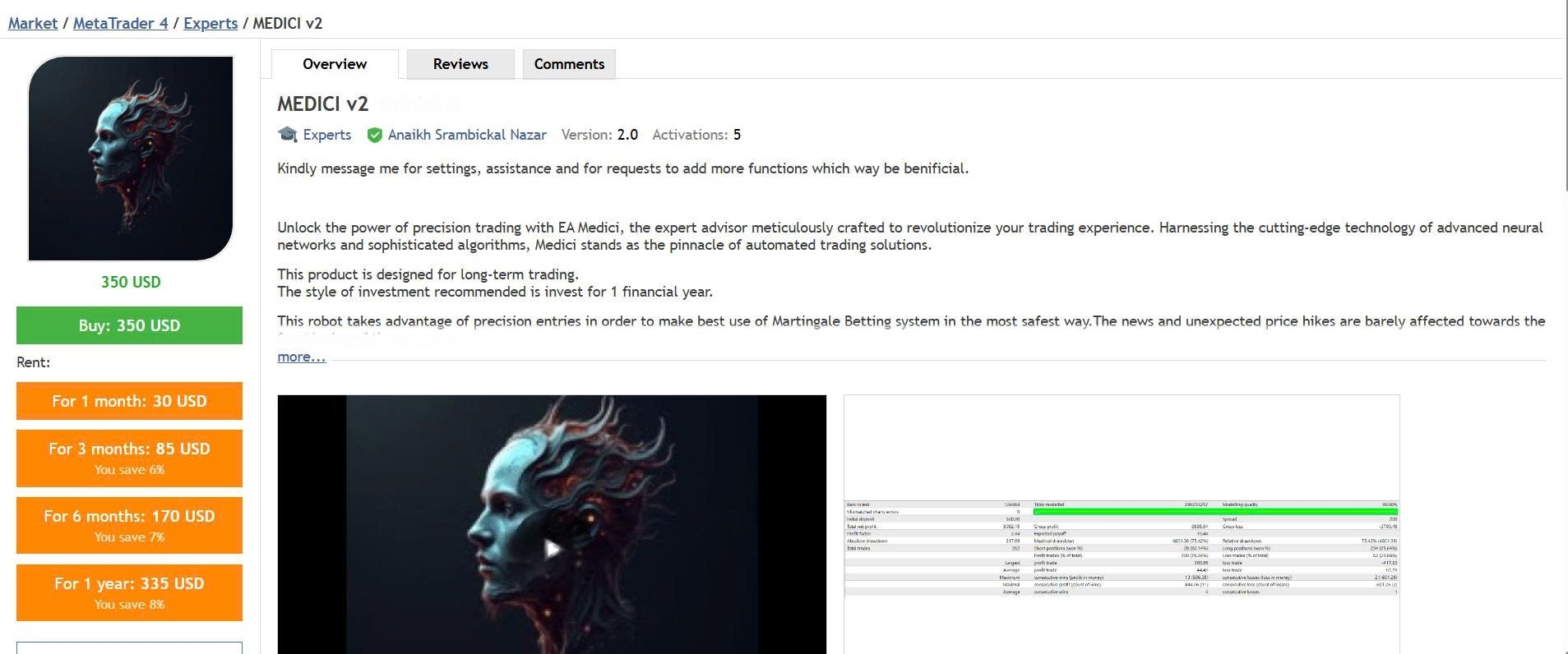 MEDICI v2 EA product overview MQL5 listing developer Anaikh Srambickal Nazar version 2.0