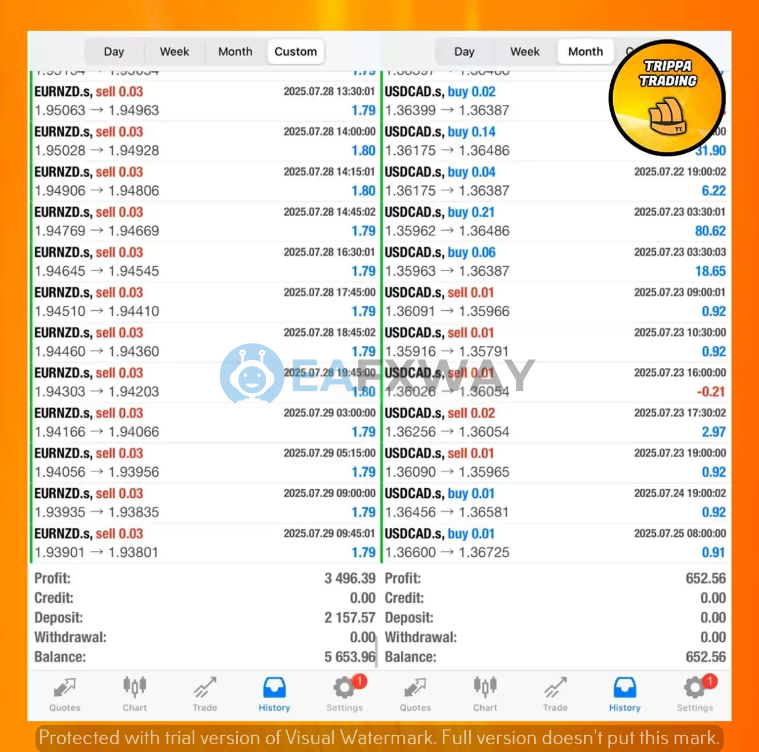 TrippaTrading AI EA live EURNZD and USDCAD account balance statement showing $6306 total and mixed buy sell grid trades