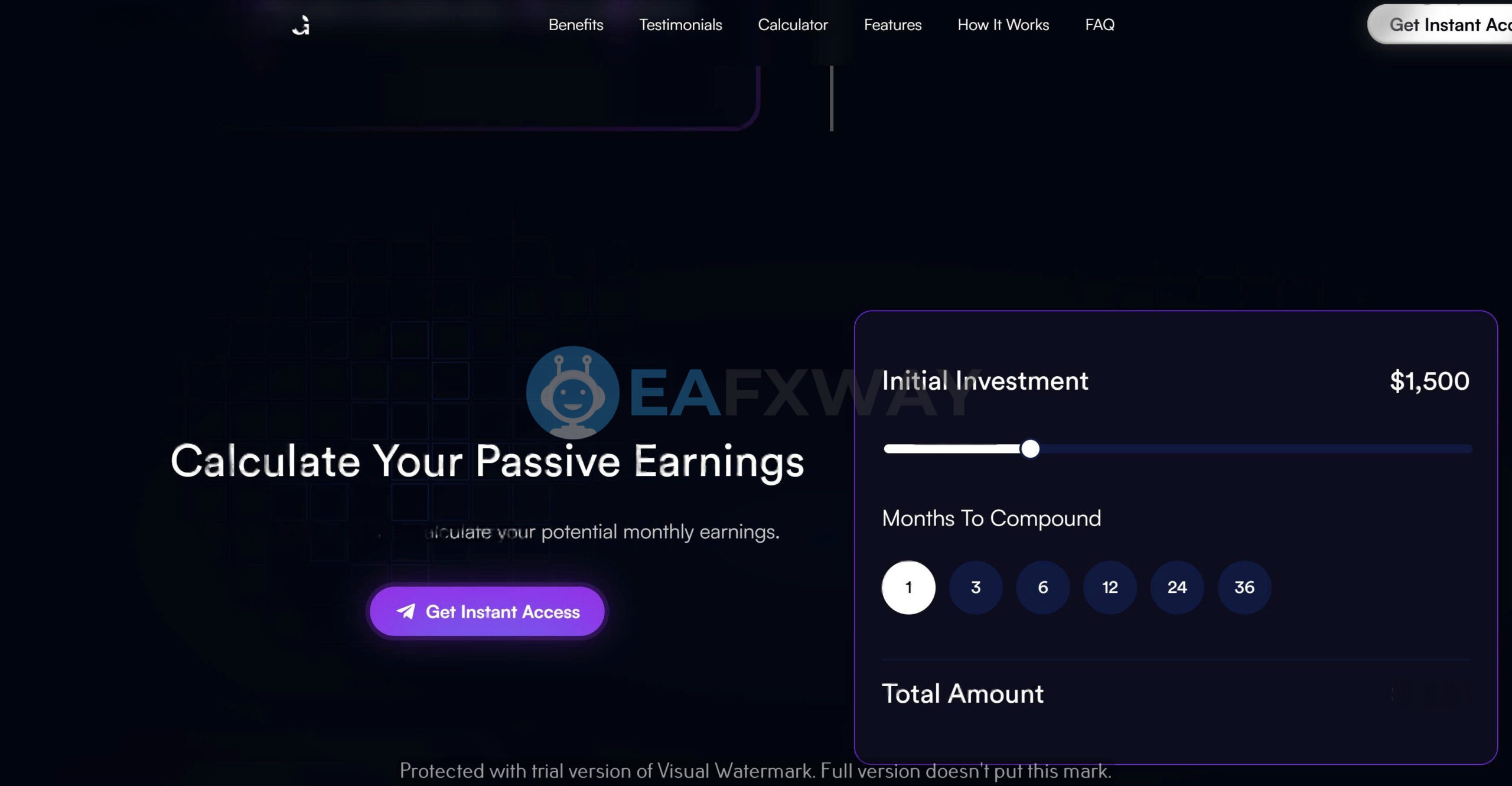 TrippaTrading AI EA passive earnings calculator showing $1500 initial investment and compounding period options 1 to 36 months