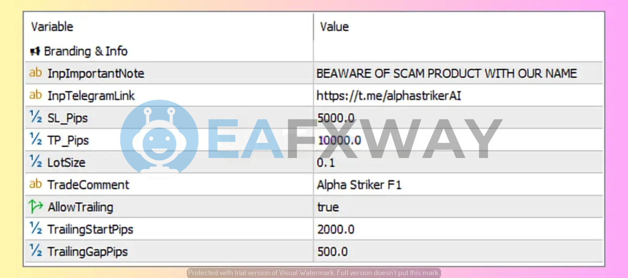 Alpha Striker F1 EA MT5 input parameters SL 5000 pips TP 10000 pips trailing settings 0.1 lot