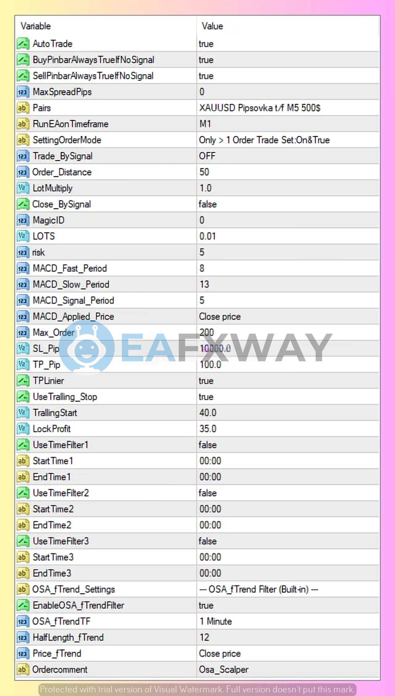 OSA Scalper Pips EA MT4 input parameters pinbar settings MACD 8 13 5 Max Order 200 trailing stop configuration